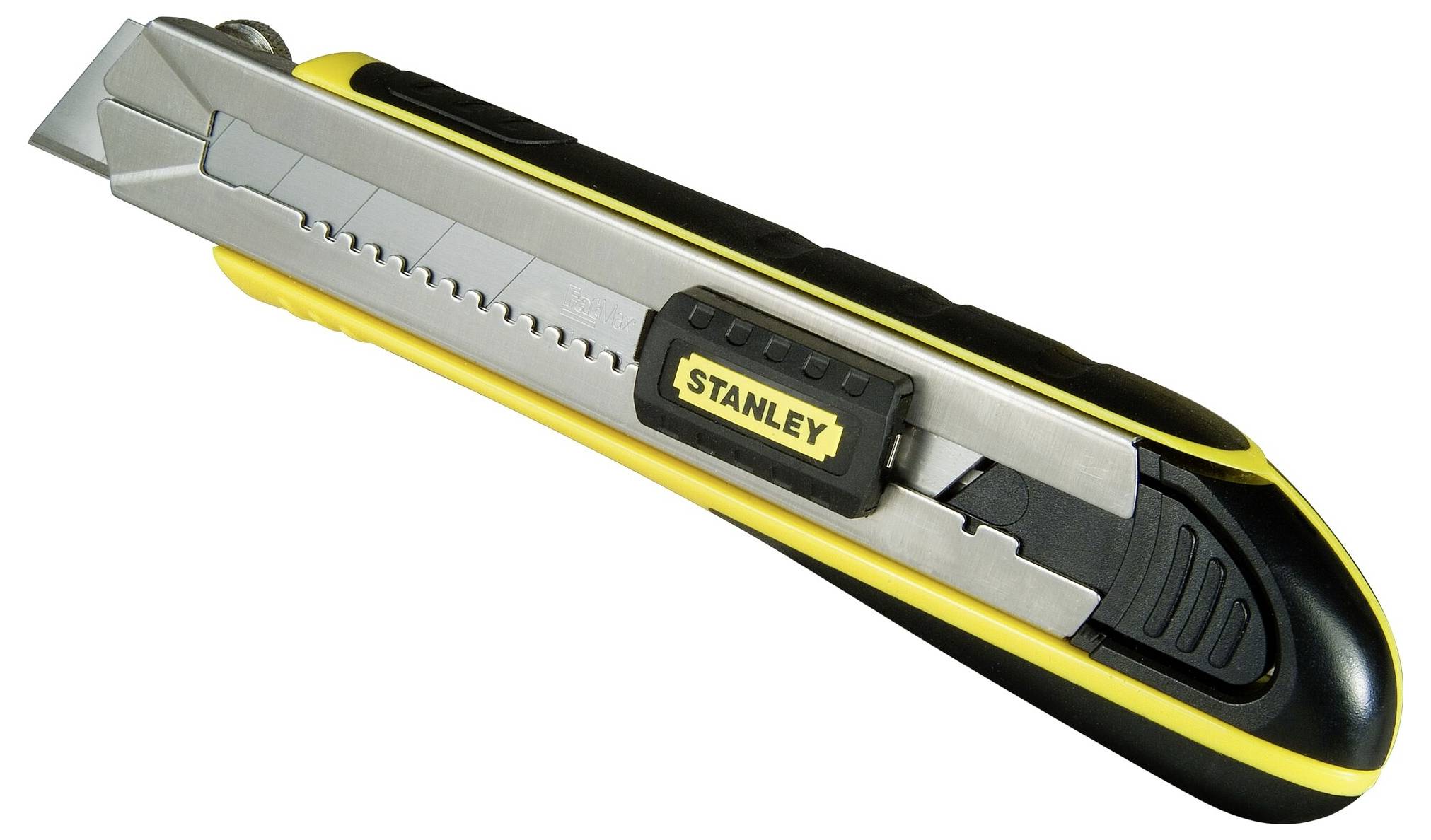 Yellow and black universal metal and plastic knife with adjustable blade, brand name visible in the centre.