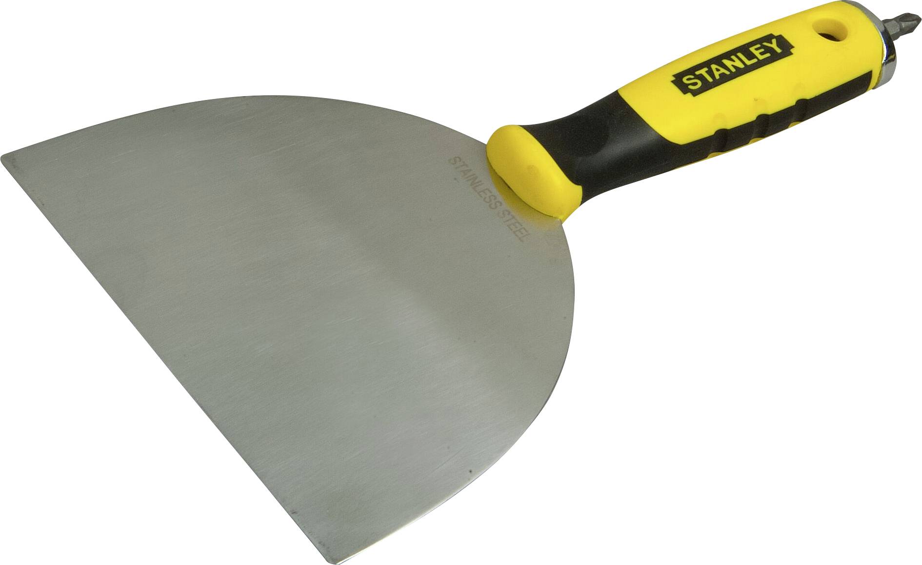 Stanley putty knife with a yellow and black handle, used for plastering or smoothing surfaces.
