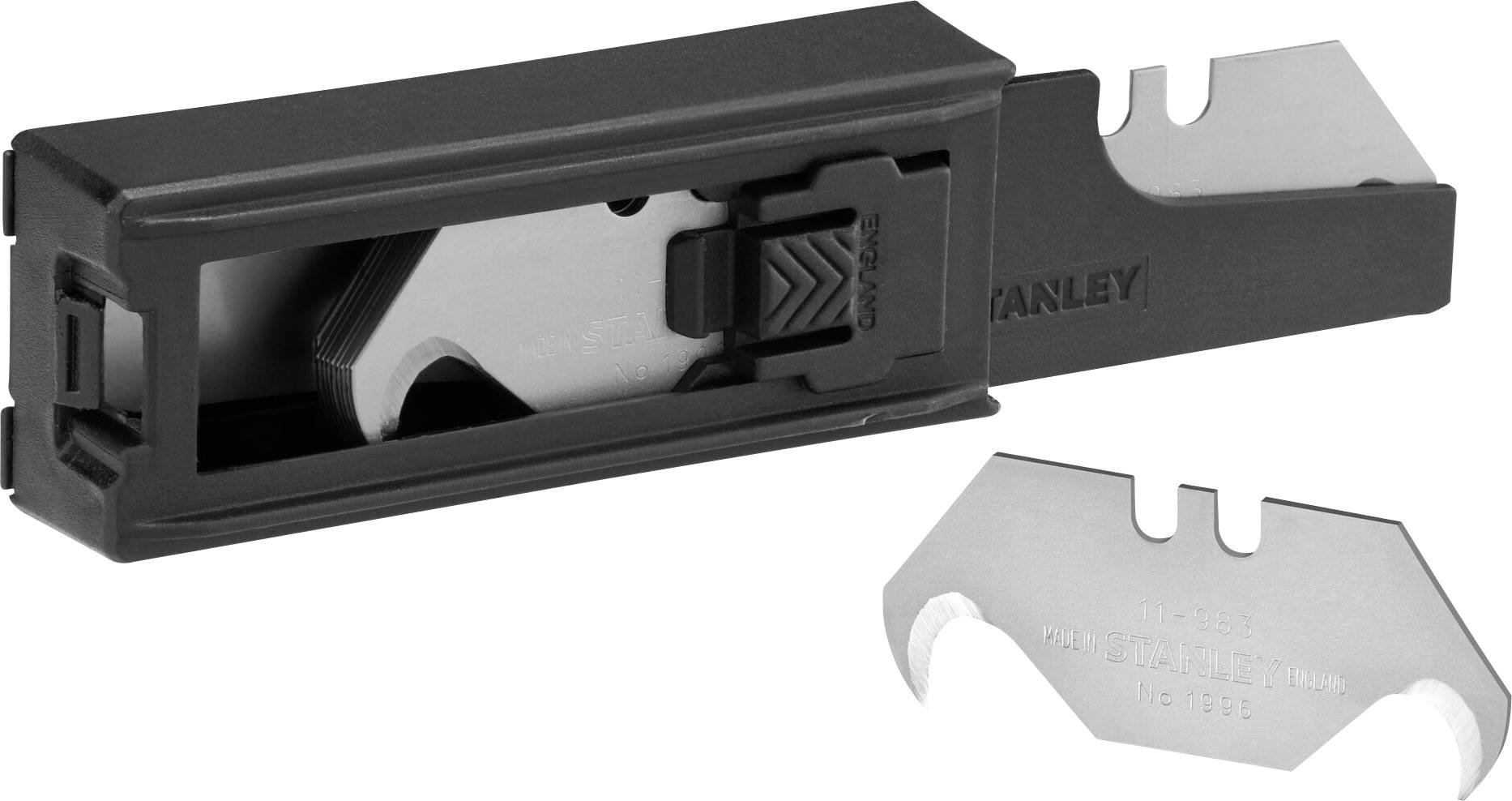 Blade holder and loose trapezoid-shaped blade. Blade has rounded corners and is part of a cutting tool kit.