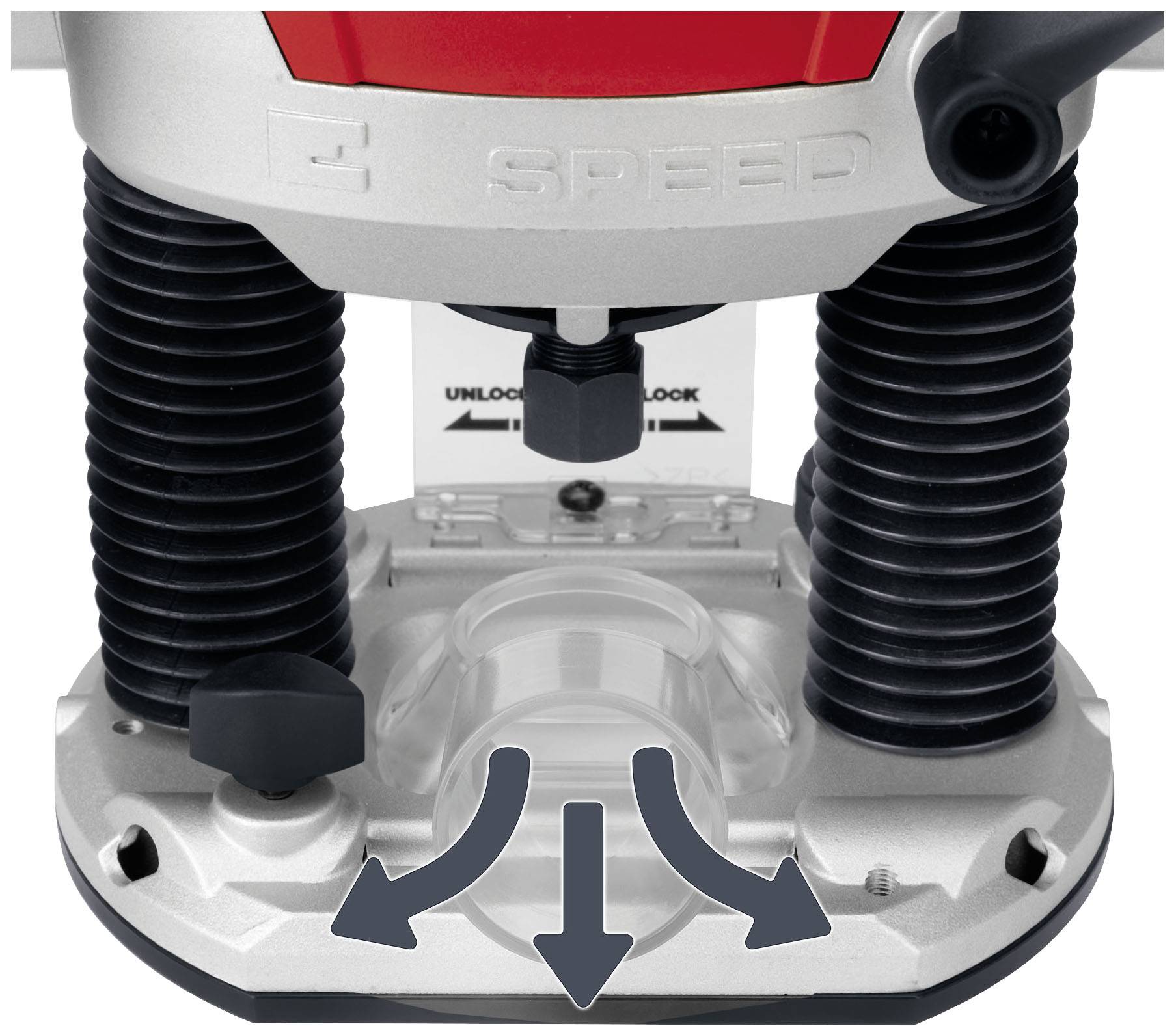 Close-up of a milling machine with a speed controller, two black spring supports, and an unlocking instruction in an arrow illustration.
