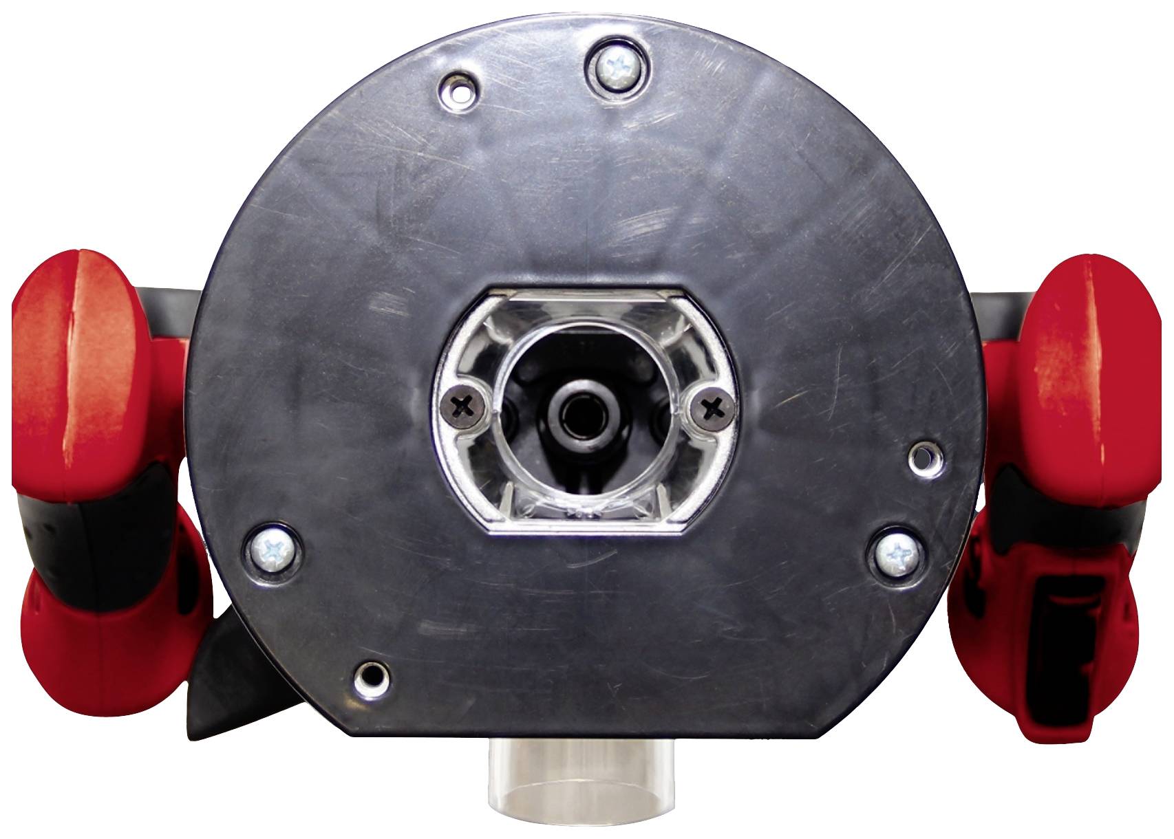 Metal tool with a red handle, central mechanism in focus. Battery compartment and controls visible.