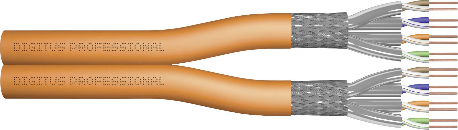 Two orange network cables with the inscription 'DIGITUS PROFESSIONAL', showing exposed, colour-coded wires at the ends.