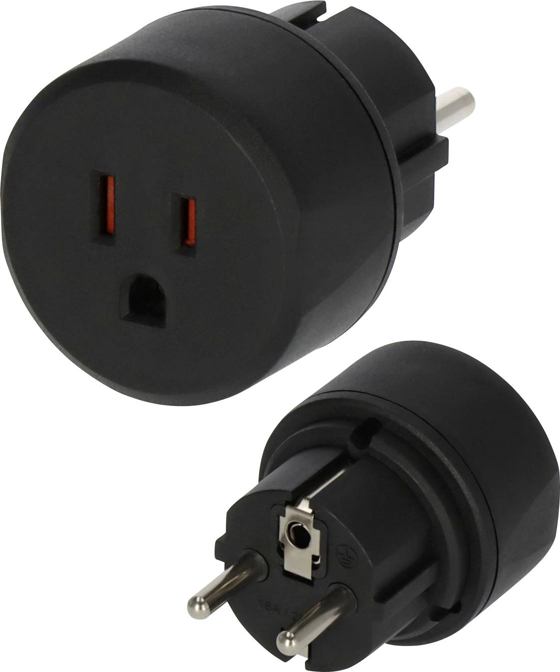 Black universal travel plug adapter with two visible views, showing the front outlet and two-prong European plug on a white background.