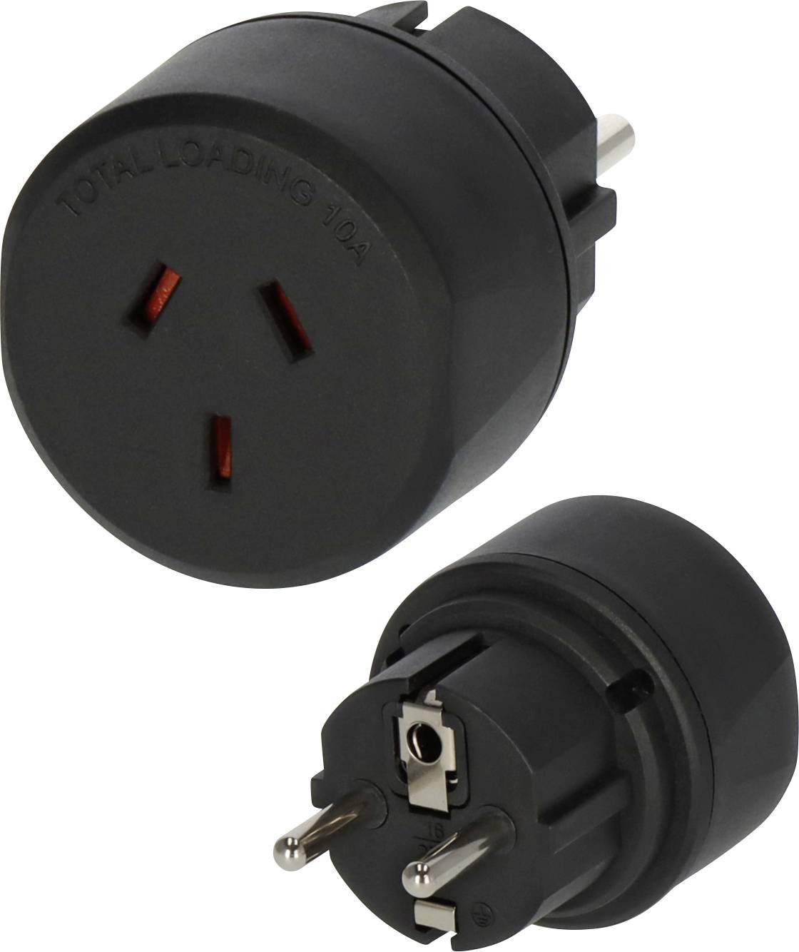 Black round power plug adapter, shown front and angled views, with three prongs and 'Total Loading 10A' marked on the face.