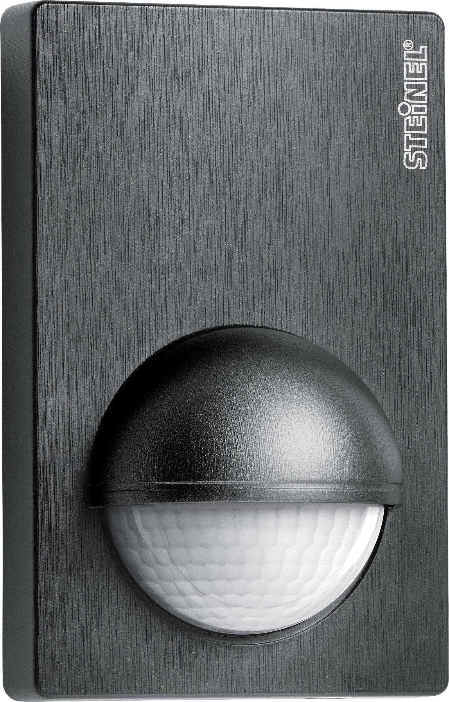A rectangular, dark grey motion sensor with a curved, white sensor lens at the bottom. 'STEINEL' brand engraved on the side.