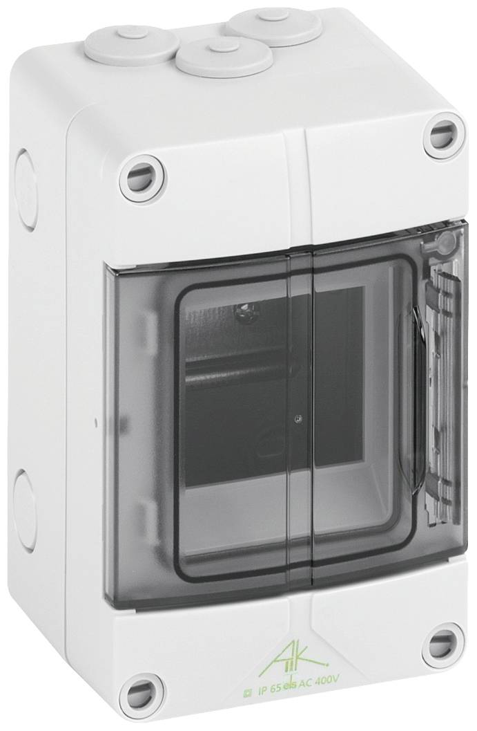 White electrical junction box with transparent lid. Four round, sealed inlets on top and to the sides.