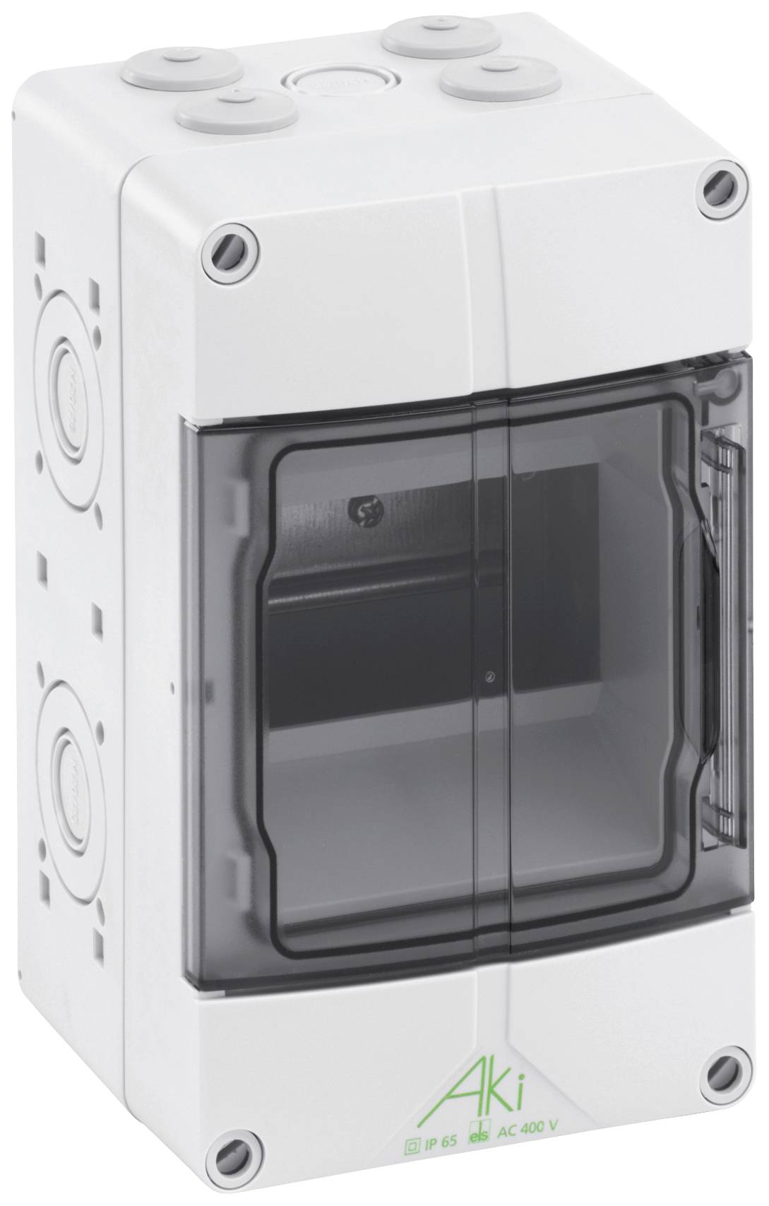 Sealed, grey plastic casing with a transparent lid, four side openings, and a printed 'Aki' logo.