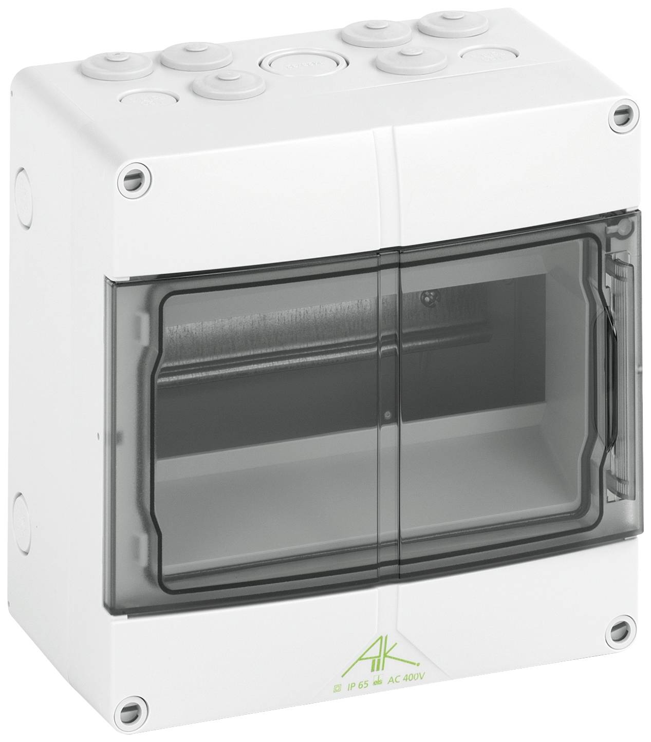 A blank white enclosure with a transparent hinged lid, suitable for electrical installations. Visible in the top right.