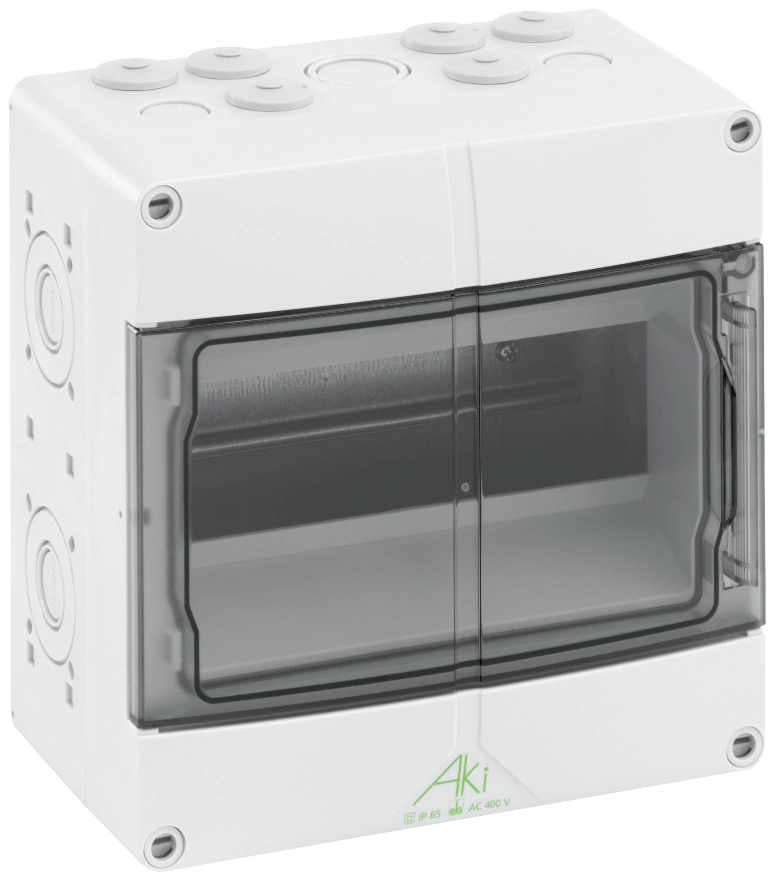 An empty grey consumer unit with a transparent cover and multiple cable entry holes at the top.