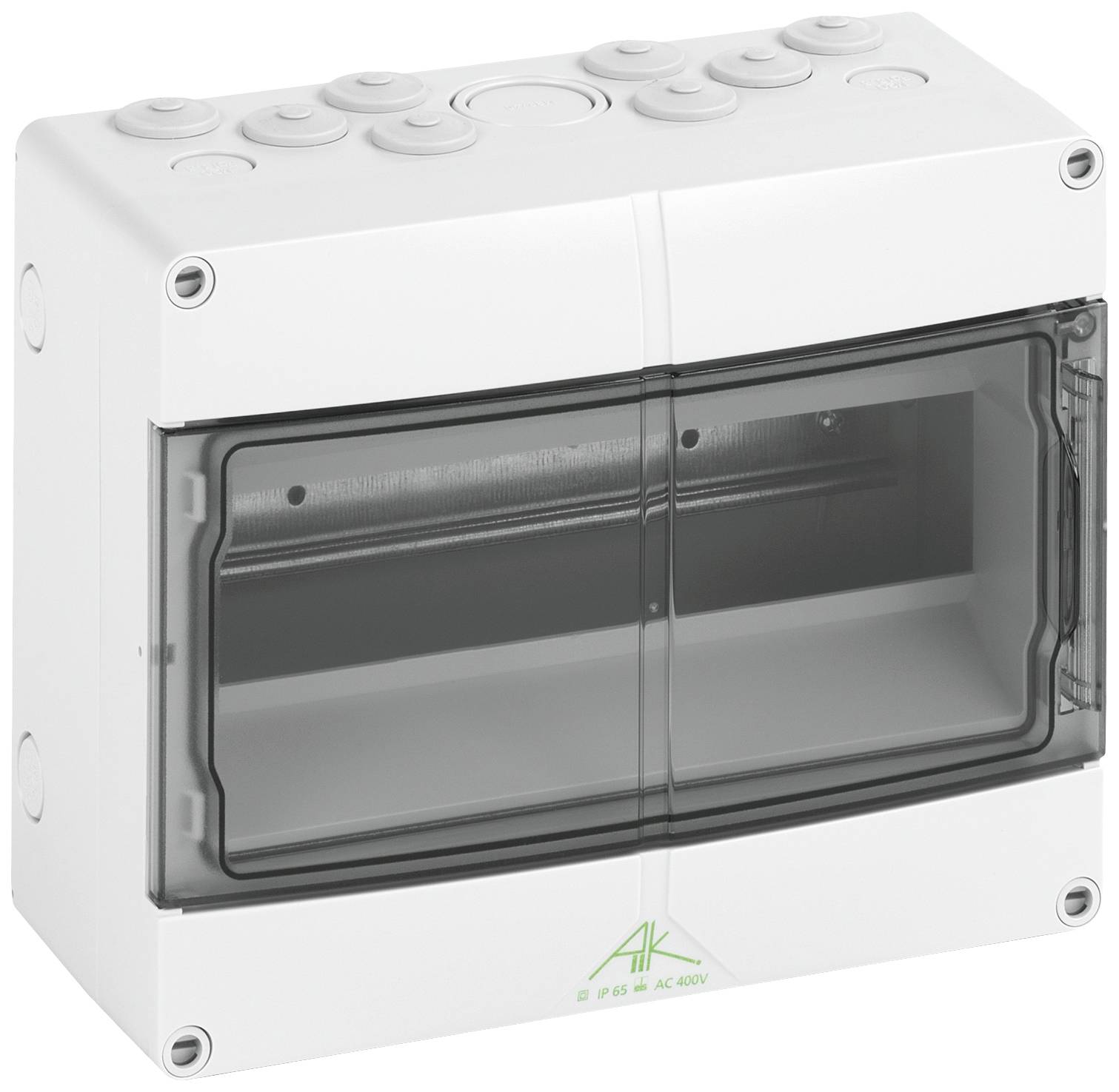 White junction box with transparent lid and multiple cable entries. Suitable for secure storage of electrical connections.