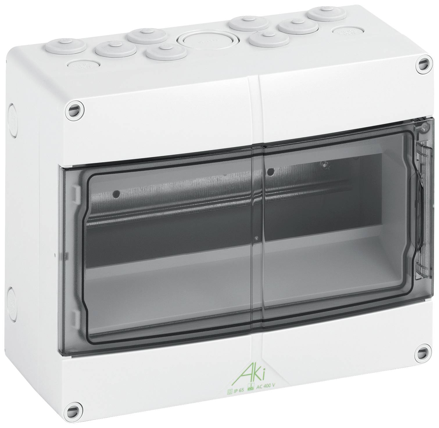 A grey, rectangular electrical installation enclosure with two transparent doors, suitable for internal wiring and fuses.