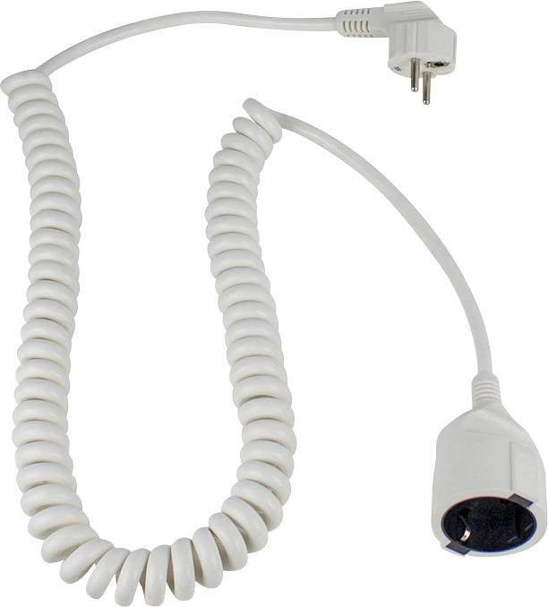 A white, spiral extension lead with a European plug and socket, spread out on a surface.