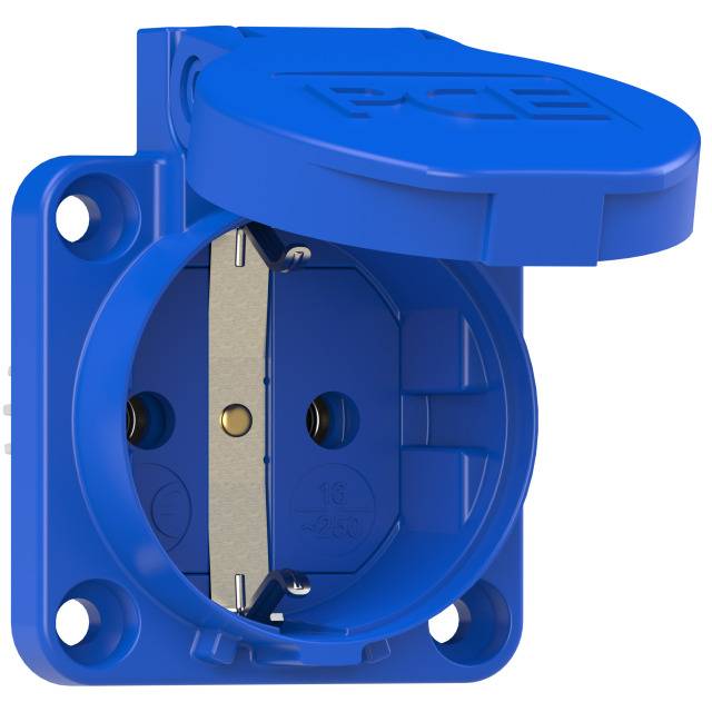 A blue earthed socket with its cover open, showing an internal view of the contacts.