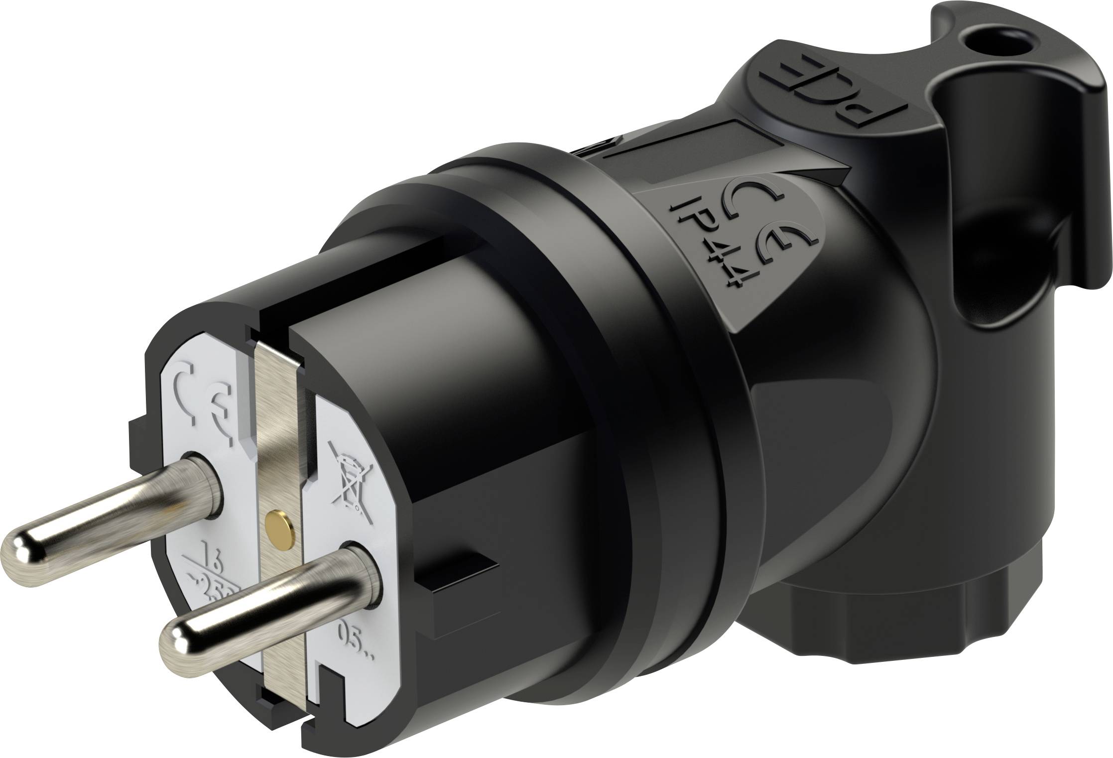 Black protective earth socket with two metal pins and a side grip. Suitable for IP44 applications, marked with CE symbol.