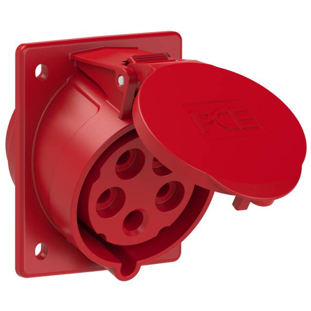 Round socket with a flap, mounted on the wall. The flap is labelled 'PCE'. Suitable for industrial applications.
