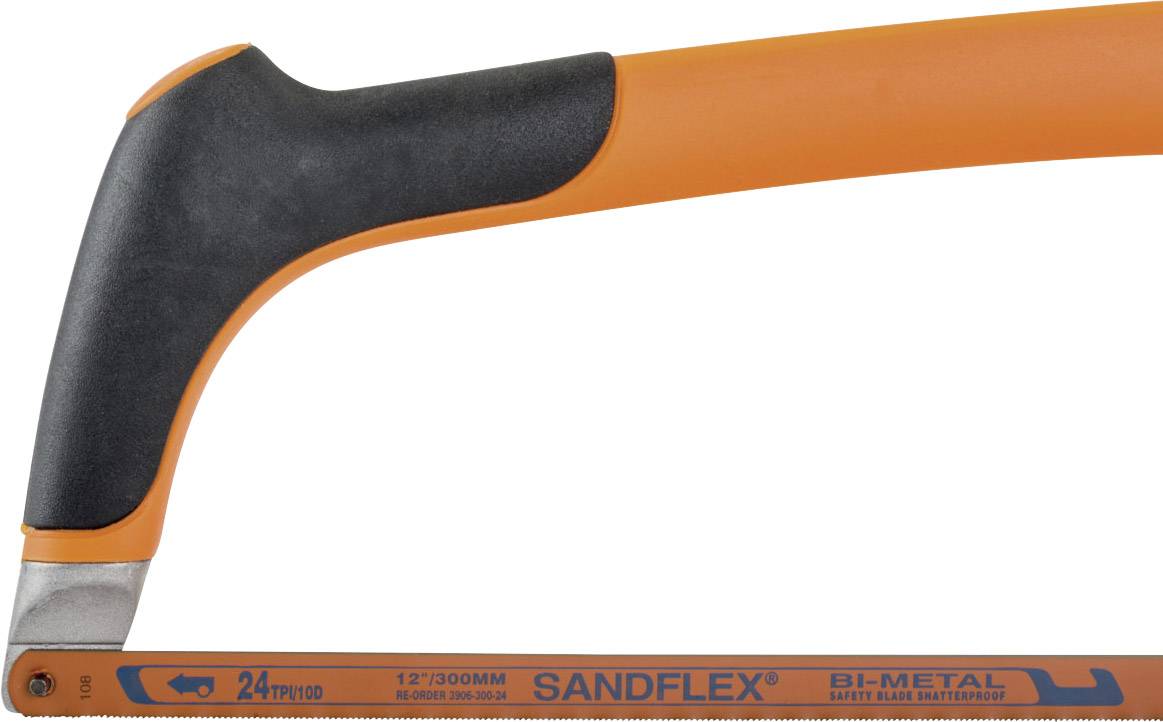 Bügelsäge mit orange-schwarzem Griff und 12-Zoll-Sandflex-Bi-Metall-Sägeblatt.