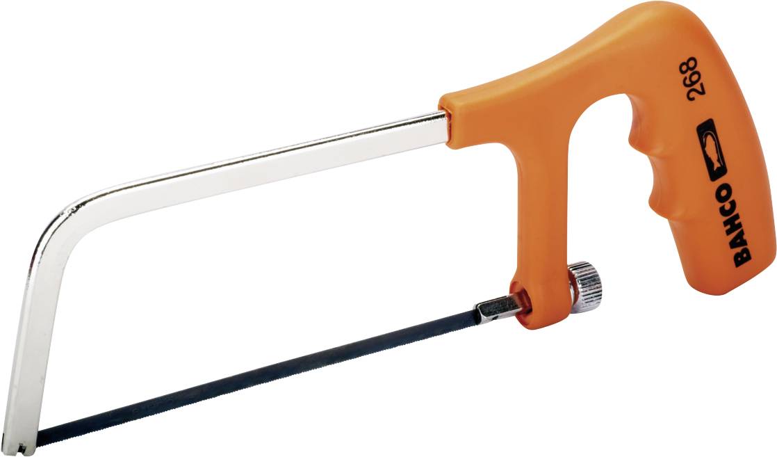 Eine Handsäge mit orangefarbenem Griff und feinem Metallsägeblatt, seitlich abgebildet.