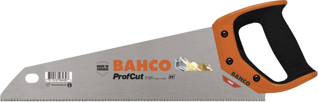 Handsäge der Marke Bahco mit orangem Griff und Metallblatt. Geeignet zum Schneiden von Holz. Logo 'BAHCO ProfCut' auf dem Blatt.