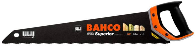 Handsäge der Marke Bahco mit schwarzem Blatt und gemustertem Griff. Aufschrift: 'Bahco Superior'. Geeignet für präzises Schneiden.