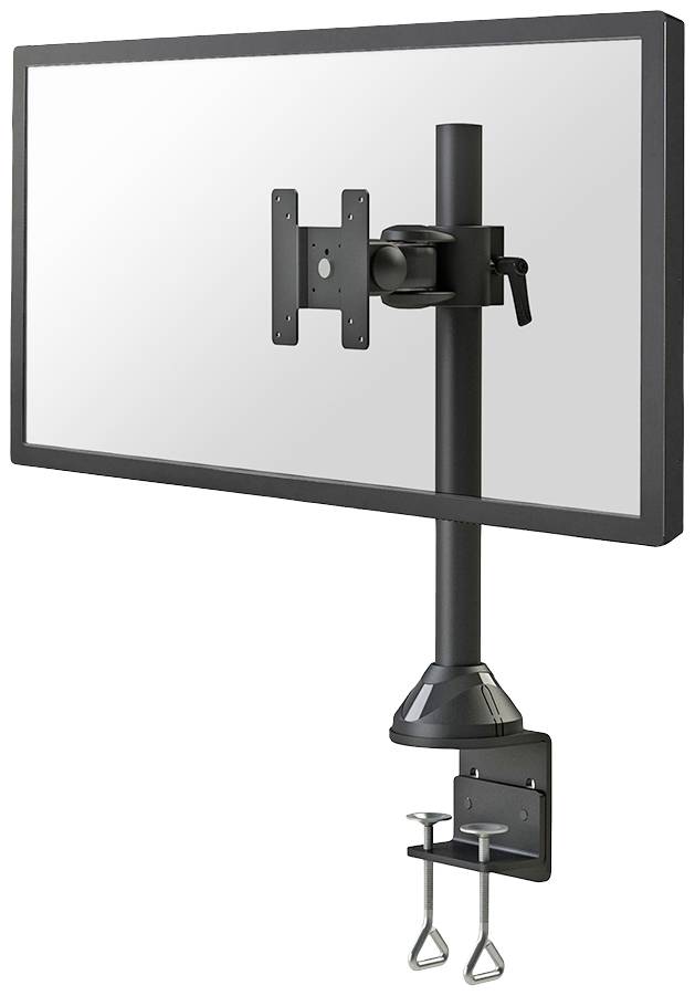 A black monitor arm, attached to a desk, holds a screen in an ergonomic viewing position.