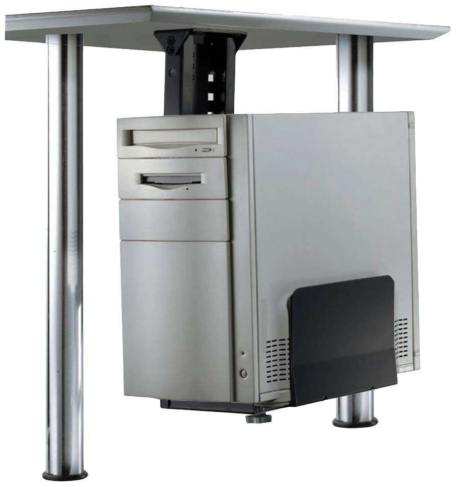 A PC case mounted on a special bracket underneath a table. The bracket is silver and made of metal.