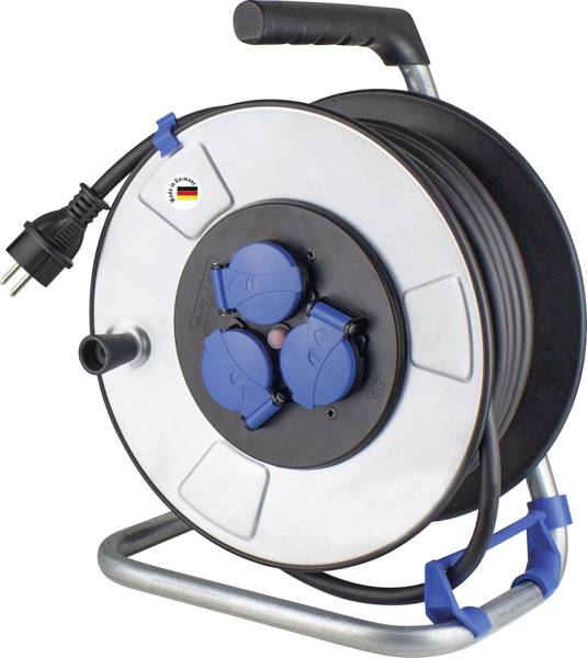 Black extension lead on a silver cable reel with three blue sockets, shown sideways on a metal stand.