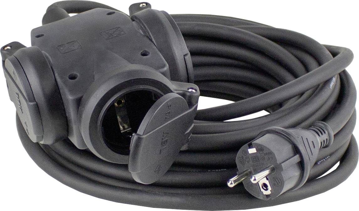 Black extension lead with two sockets and a Schuko plug, suitable for outdoor use.
