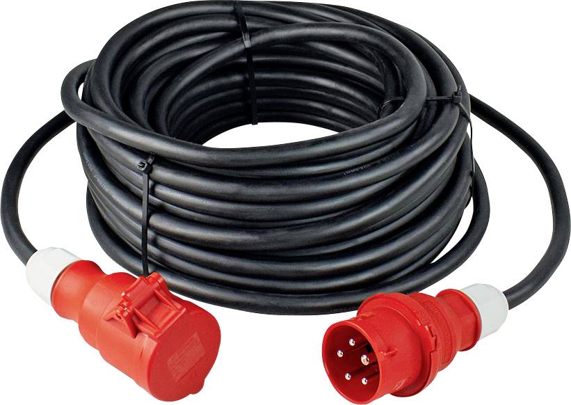 A long, black extension lead with red, round plug connectors at both ends, coiled into a bundle.
