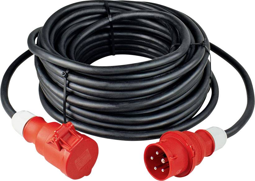 A long black power cable with red plugs at both ends, suitable for industrial applications.