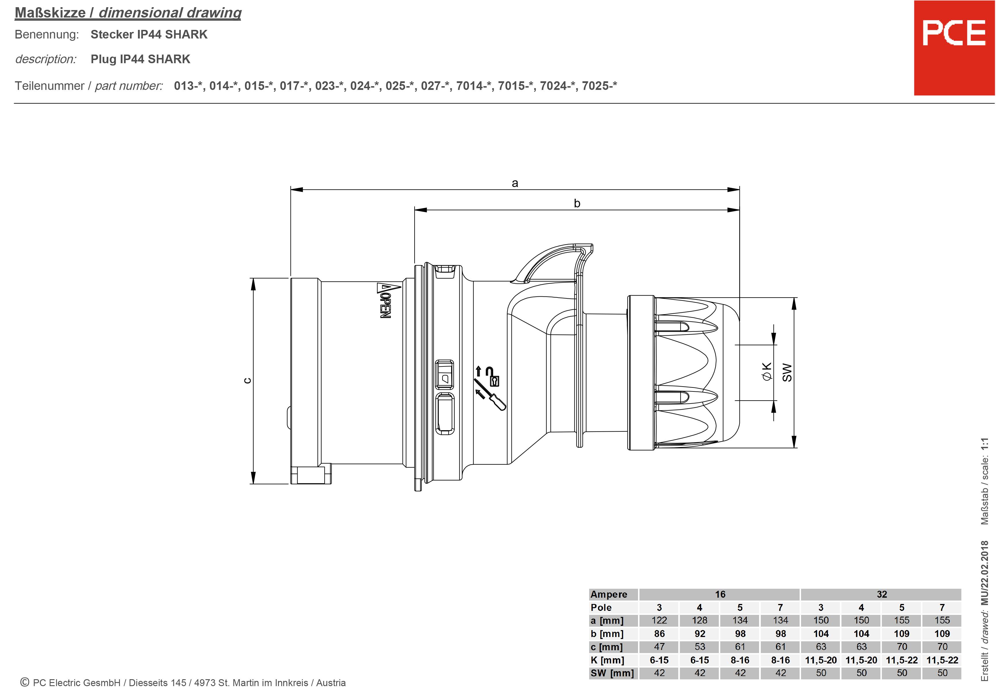 Technical drawing of a plug with dimensions and measurements. Side view with a detail table at the bottom right.
