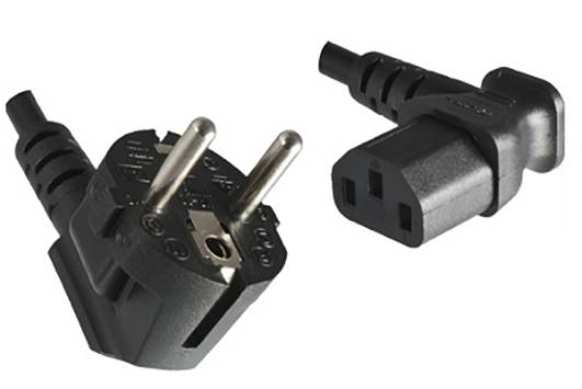 A black power cable with a European plug and a three-pin IEC C13 connector, for connecting electronic devices.