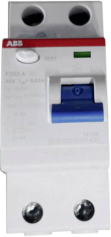 An ABB RCD (Residual Current Device), model F202 A, with a rated current of 40 A and a trip current of 0.03 A. Includes test button and blue toggle switch.