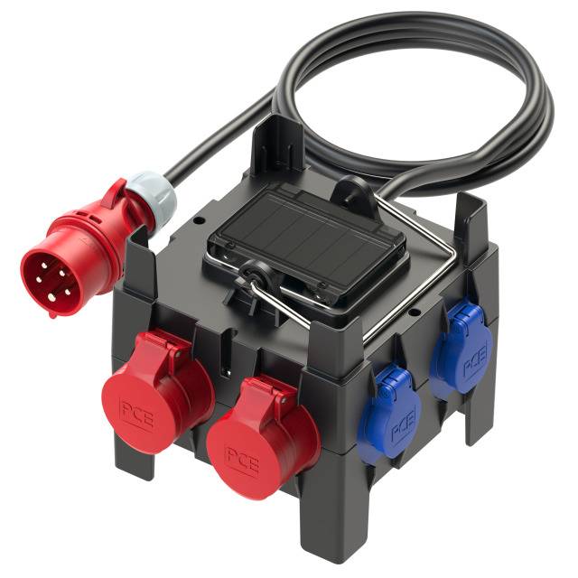 Black mobile distribution box with multiple red and blue power sockets, suitable for industrial applications.