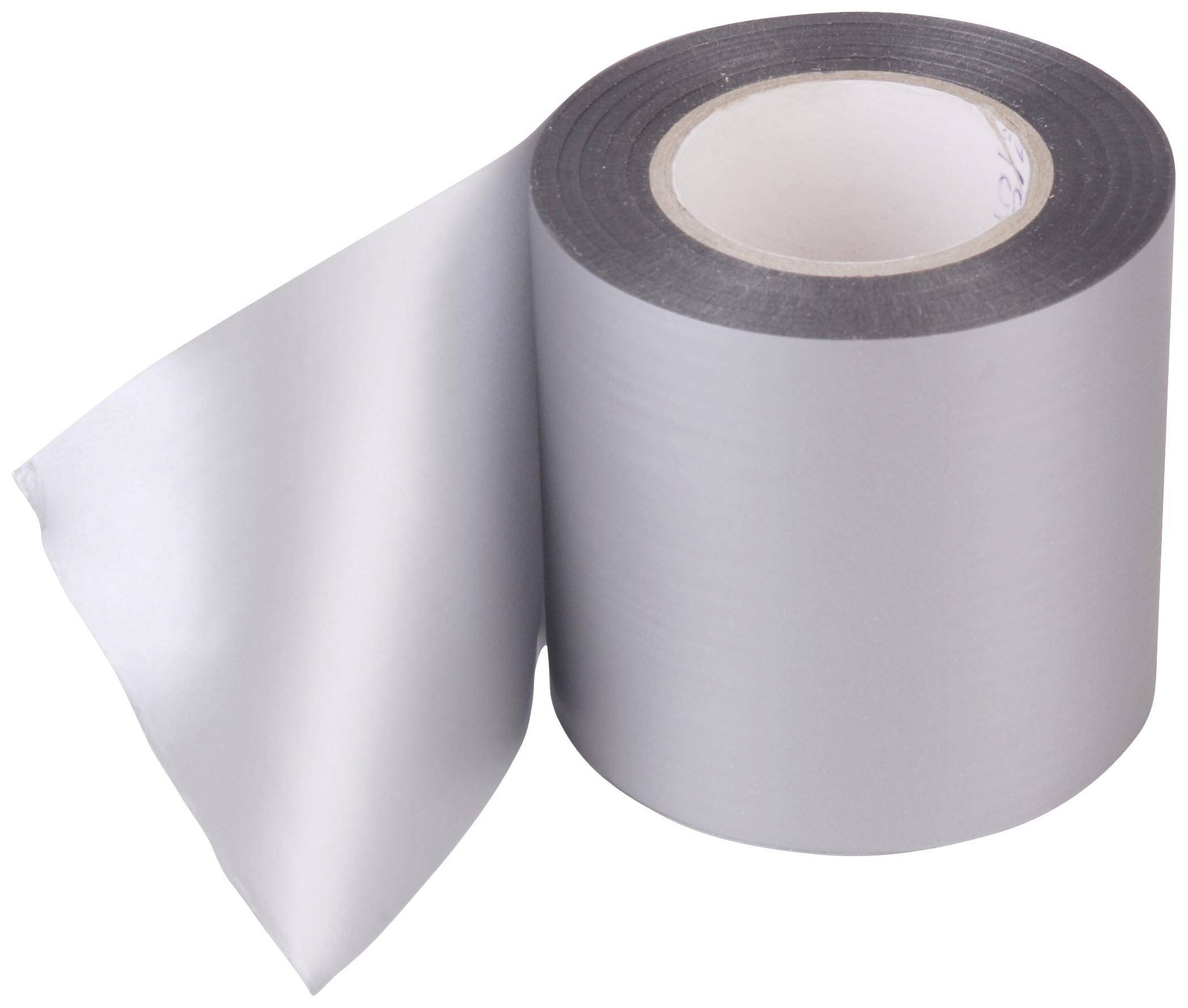 Roll of silver sticky tape with a loose end pointing to the left.