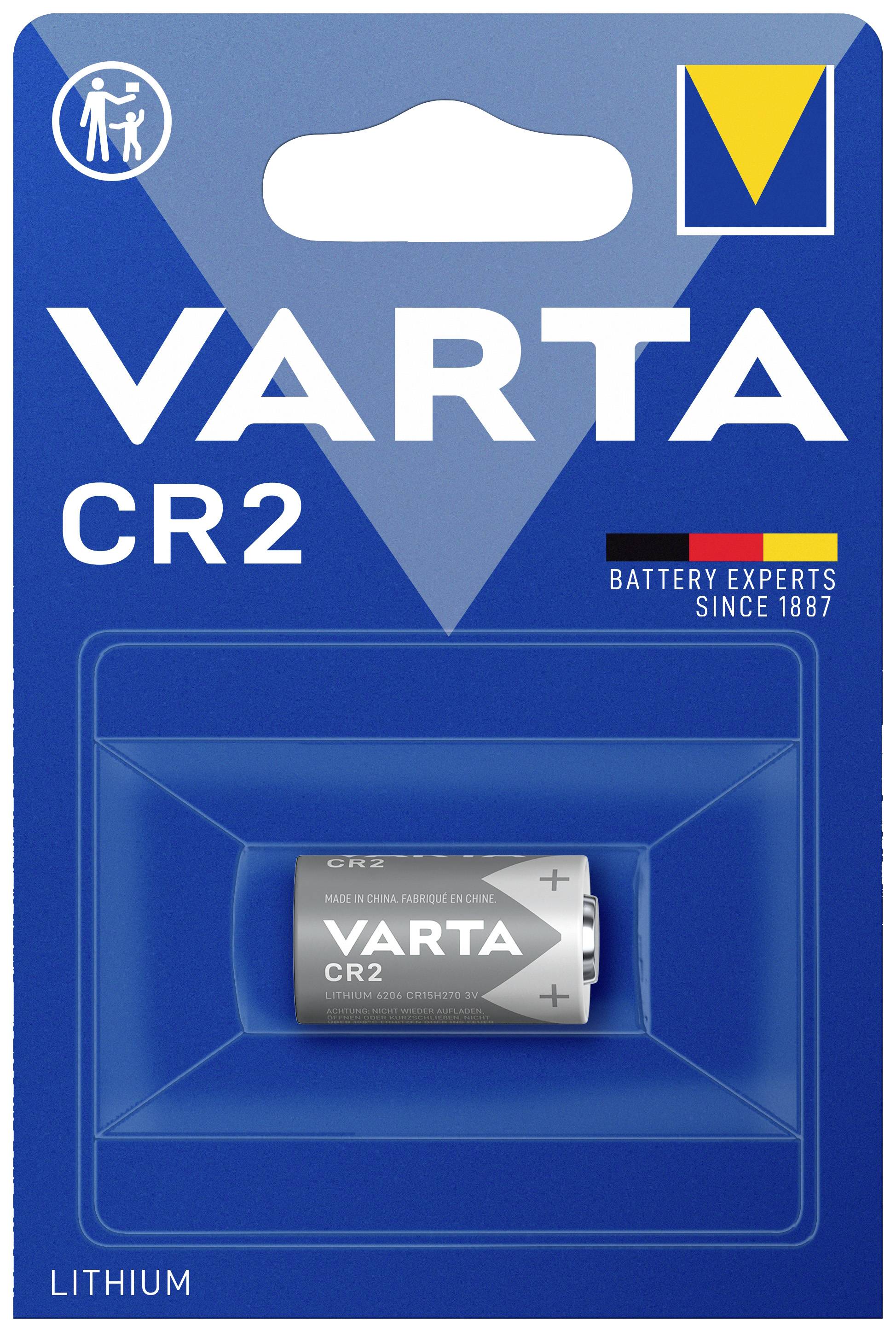 A Varta CR2 lithium battery in a blue packaging, highlighted as 'BATTERY EXPERTS SINCE 1887'.