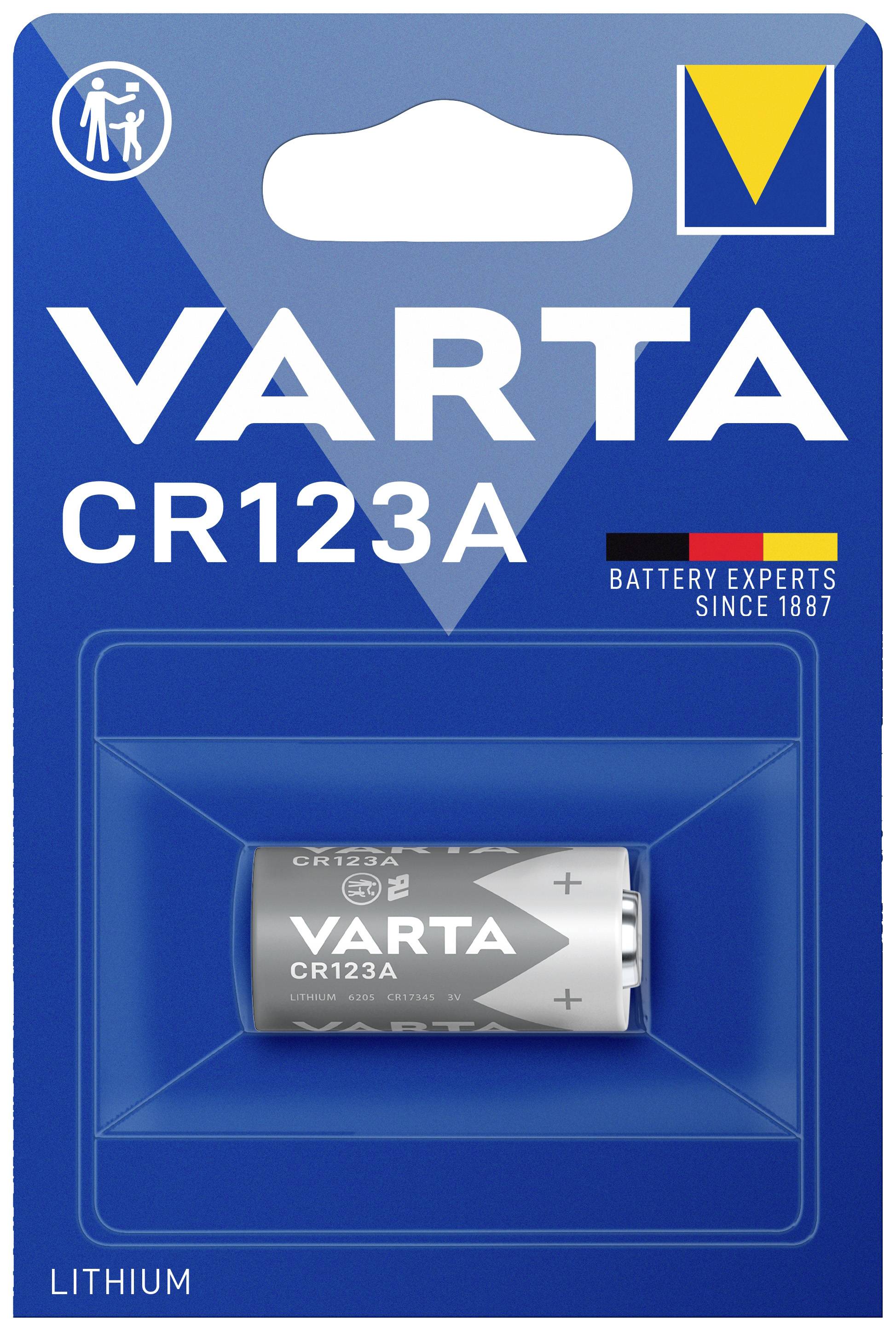 Varta CR123A lithium battery in blue packaging; brand name at the top and product information below, suitable for cameras and torches.