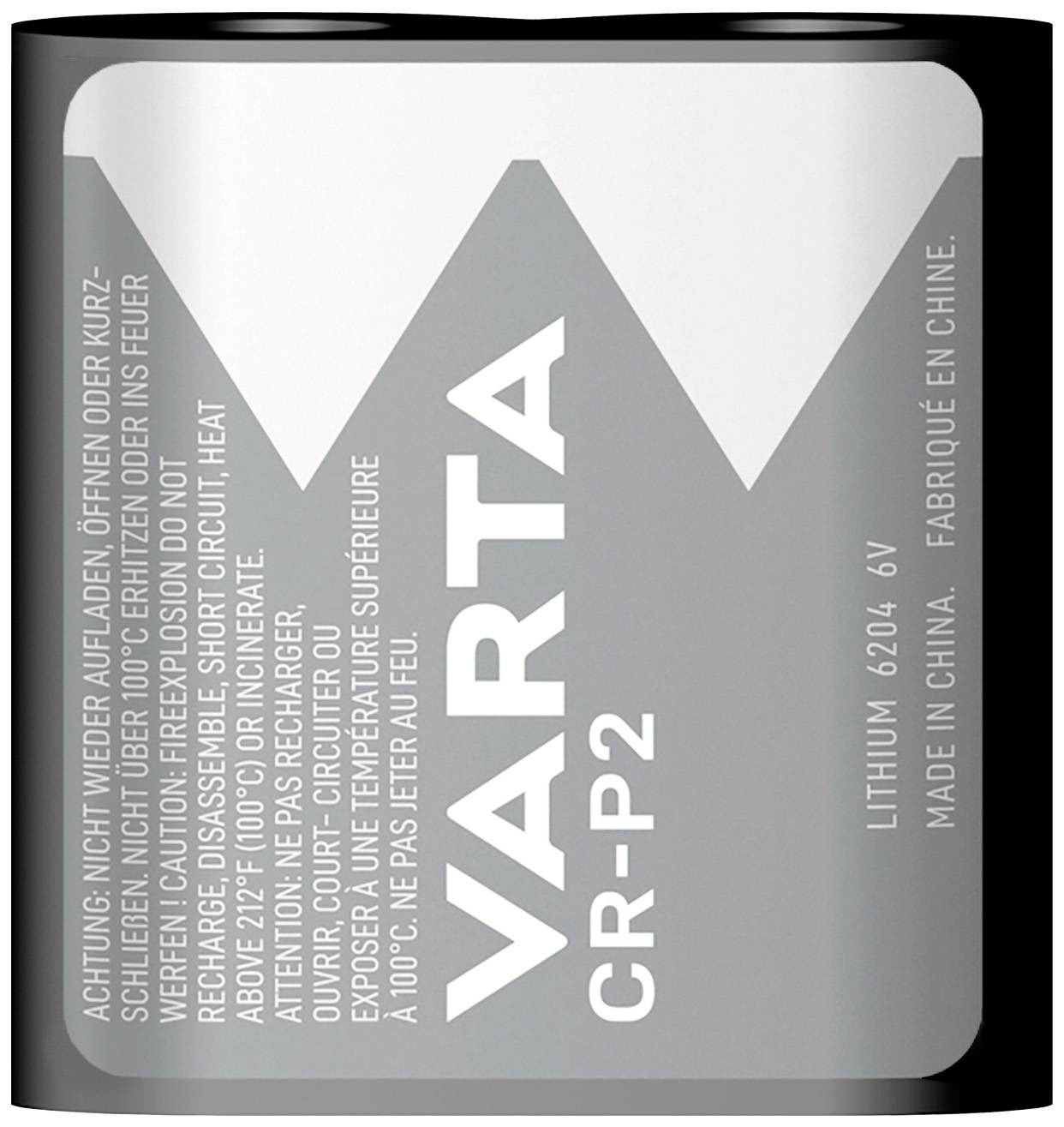 Lithium battery by VARTA, type CR-P2, manufactured in China. Important warning: do not recharge or throw into fire.