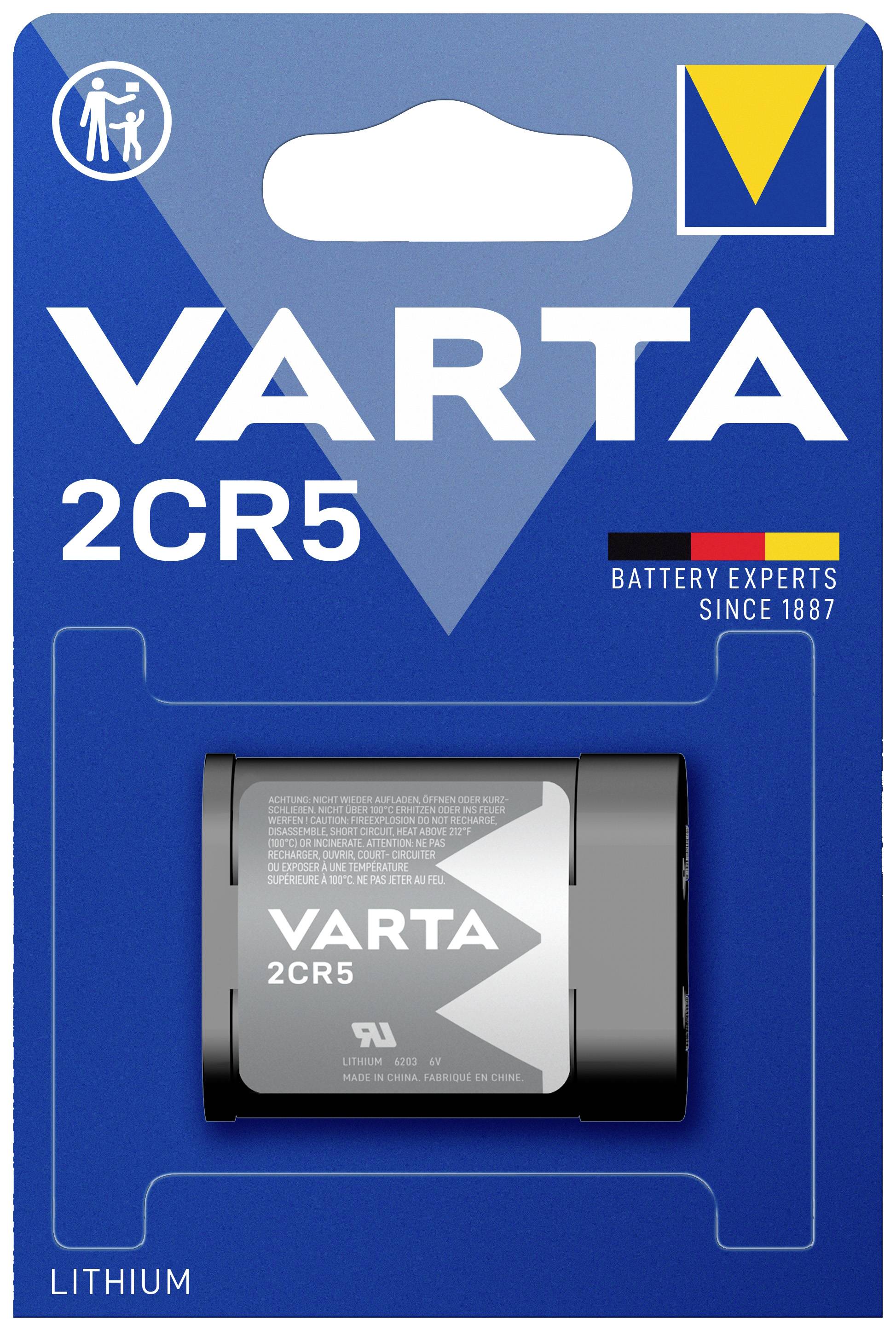 Varta battery pack, model 2CR5. The packaging emphasises 'Lithium' and 'Battery experts since 1887'.