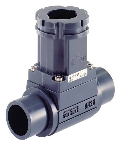 Grey industrial plastic valve with side marking 'DN25'. Valve for pipe systems, rectangular construction, robust design.