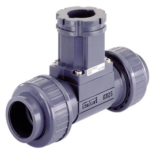 Plastic valve component with pipe connections and label 'DN25'. Enables simple pipe connections and flow control.