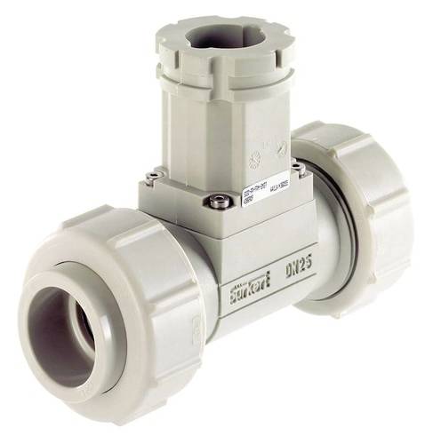 Plastic valve with pipe connections, grey, rectangular construction on top. Suitable for controlling liquids in piping systems.