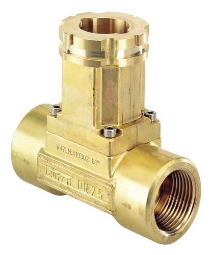 Brass valve body with threaded connections, suitable for pipe installations, with side glass marking reading 'DN25'.