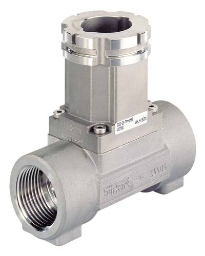 A stainless steel flow sensor with a cylindrical connection, used for industrial applications measuring liquids.