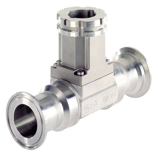 A silver metal pipe valve with flanges at both ends. In the middle, a square block with technical engravings.