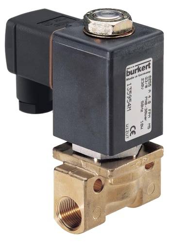 A metal electromagnetic valve with a black plastic housing, brand name on label. Used for liquid control.