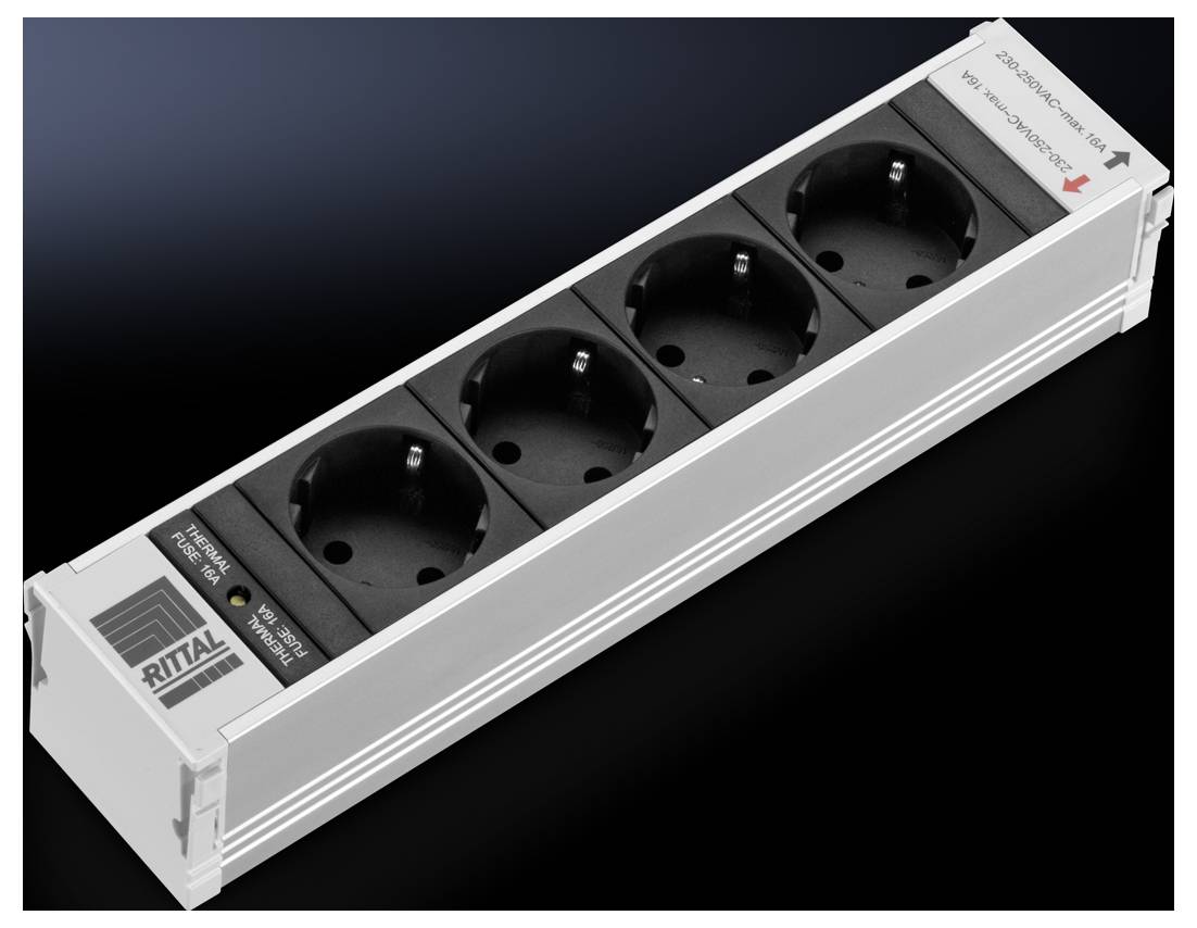 'Rittal' power strip with four black sockets in a rectangular white housing against a black background.