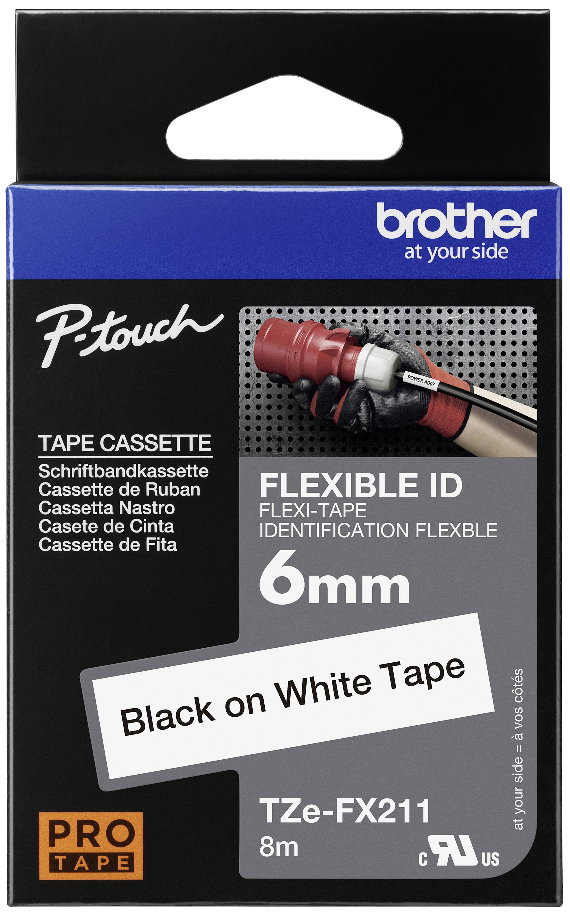 Black print on white flexible P-Touch tape, 6 mm, 8 m length. Suitable for cable labelling. Packaging displays product details.