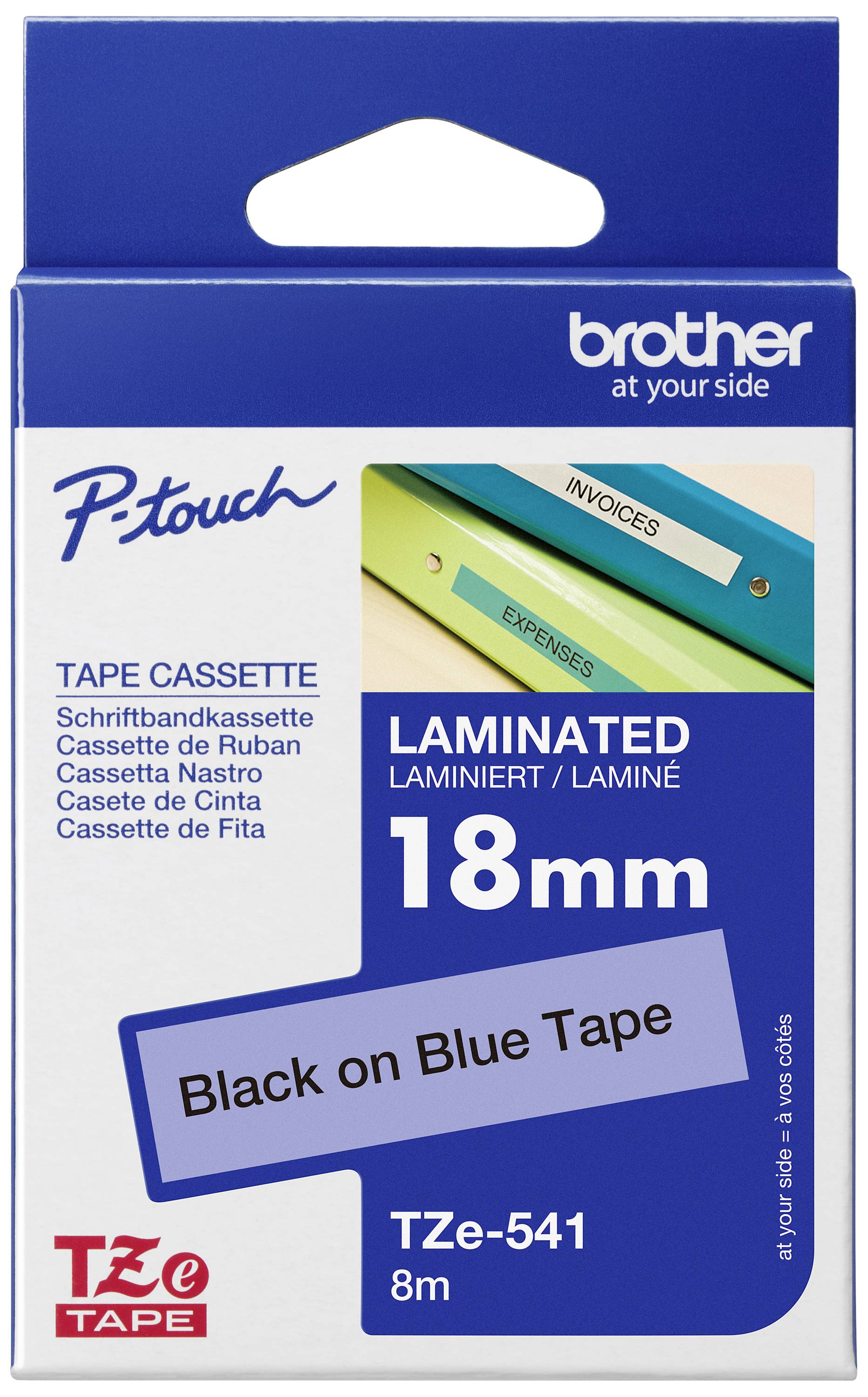 Brother P-touch laminated label tape TZe-541, 18mm width, 8m length, black text on blue background, compatible with P-touch printers.