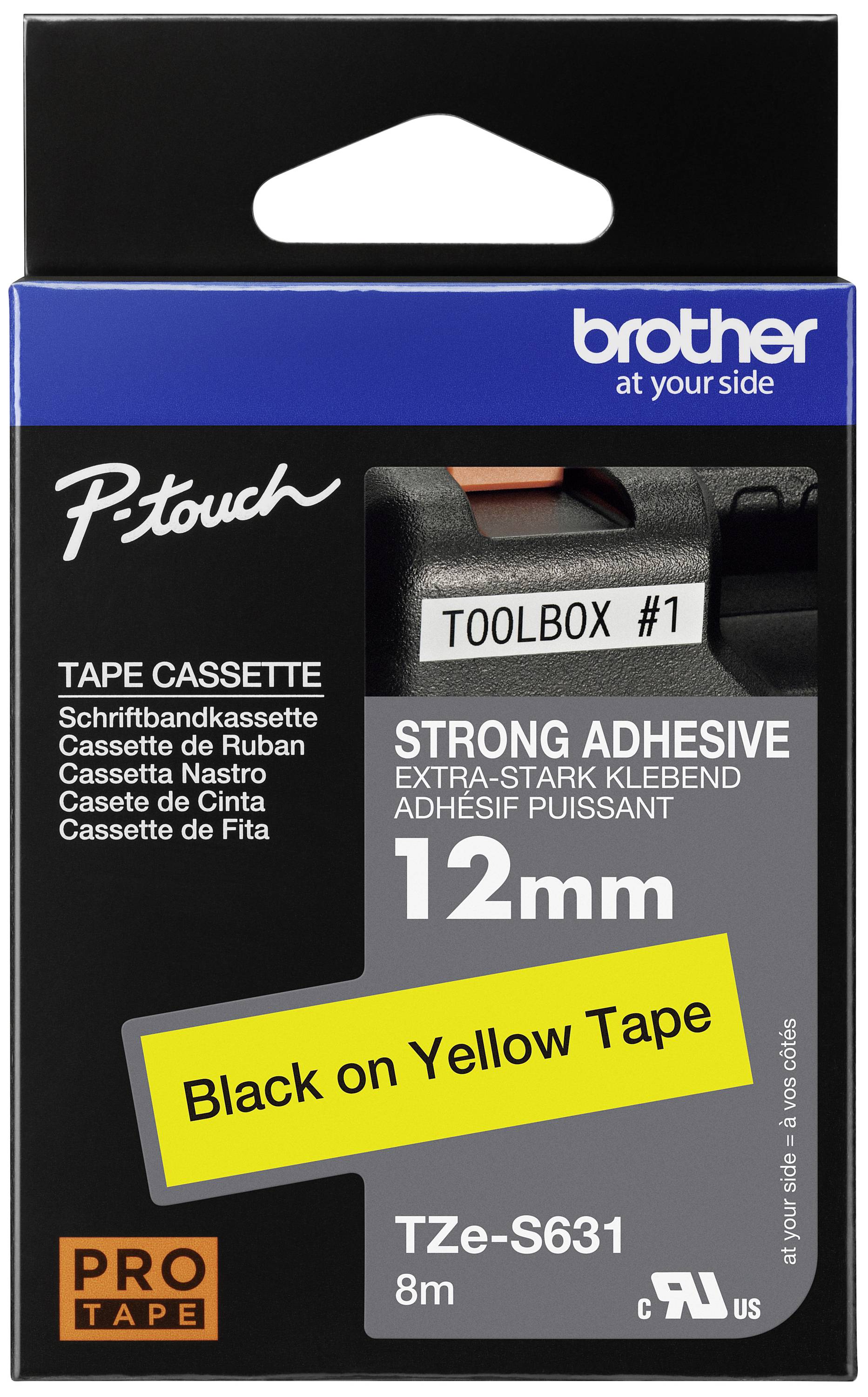 Tape Cassette 12mm, extra-strong adhesive. Black text on yellow tape. Model: TZe-S631, 8m length. No decoration.