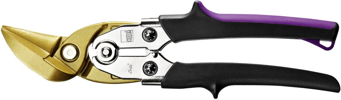 A metal shears with black and purple handles and a golden blade, suitable for cutting sheet metal and other materials.
